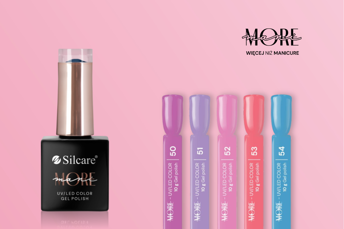 Hybrid nail polishes by maniMORE along with the product bottle and colors 50, 51, 52, 53, 54