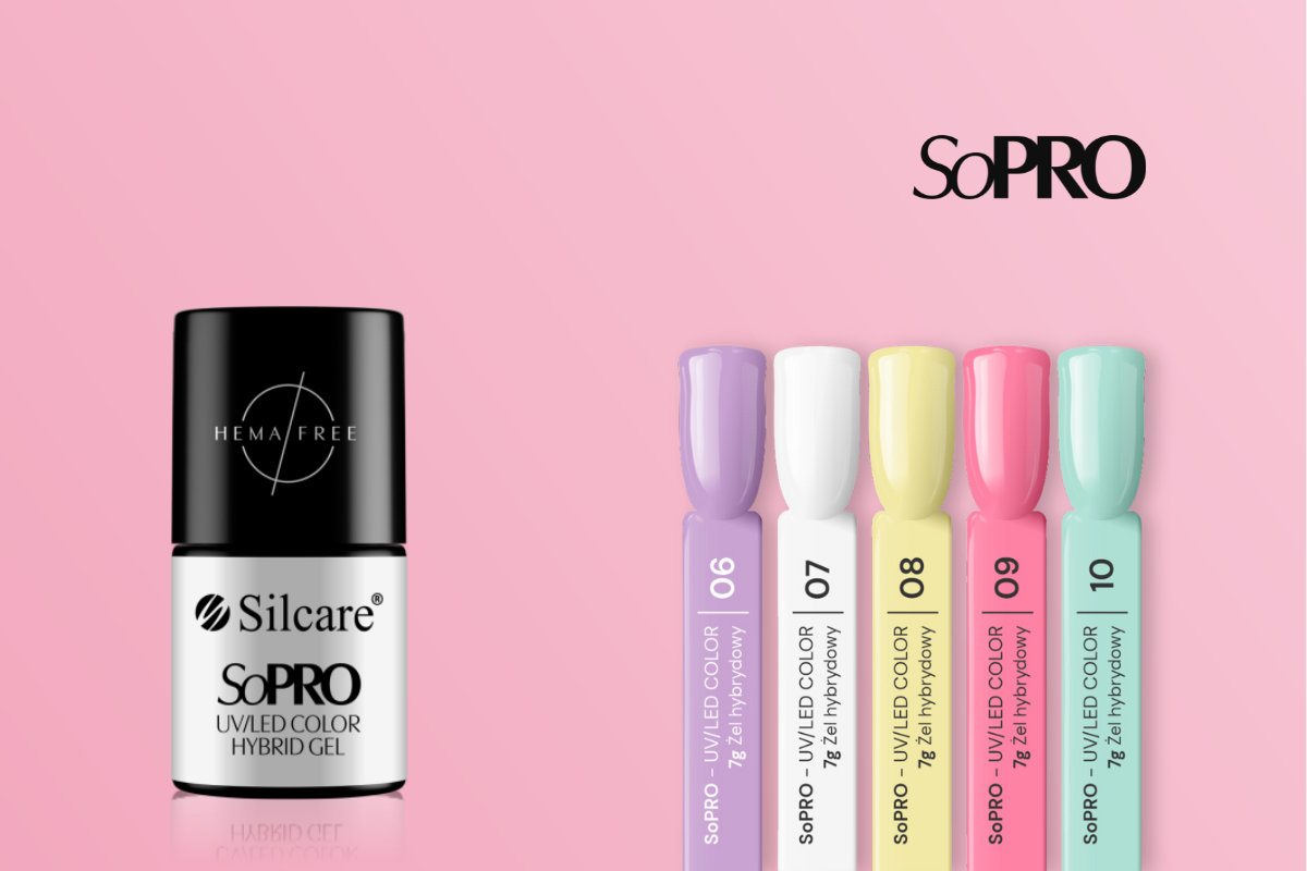 Hybrid nail polishes by SoPRO along with the product bottle and colors 06, 07, 08, 09, 10.